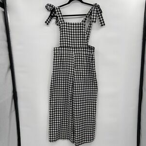 Forever 21 Womens Gingham Check Overalls Sz M Tie Straps Cottage Picnic Wide Leg